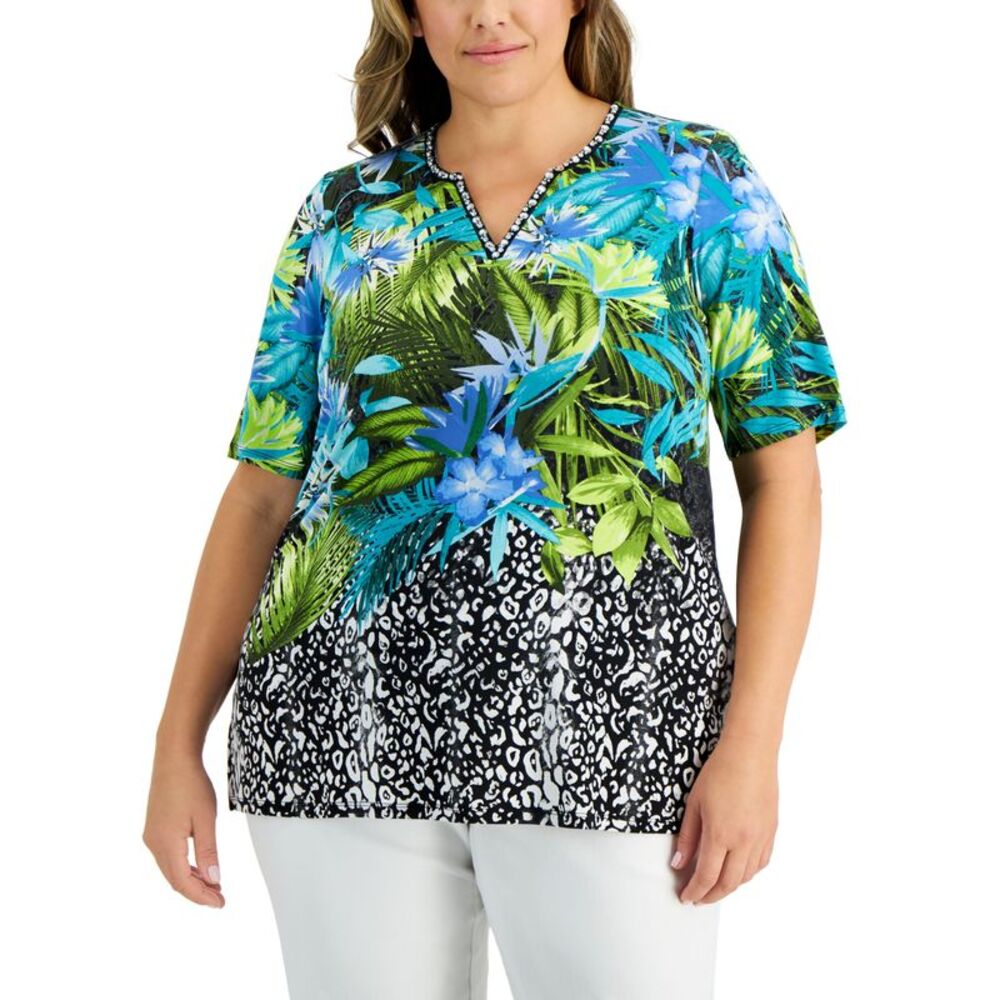JM Collection Plus Asymmetrical Floral T-Shirt